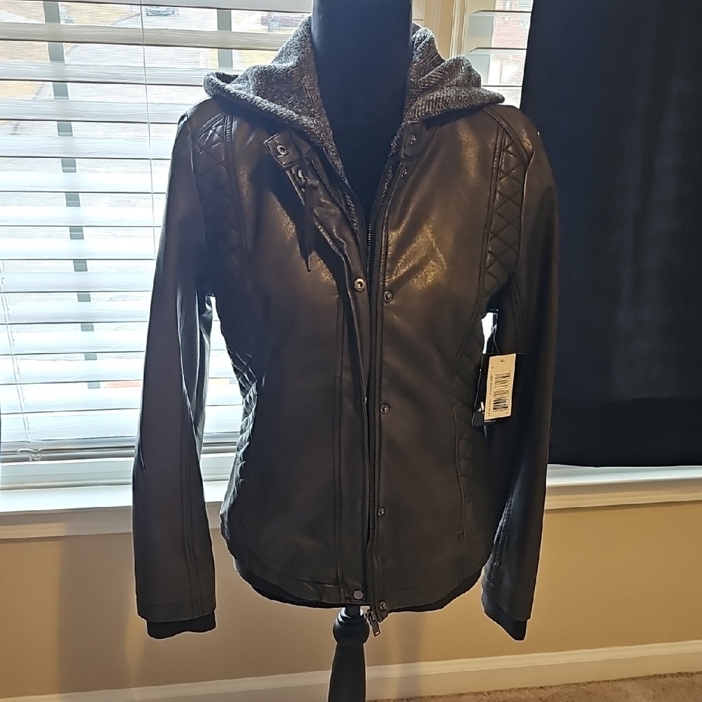 NWT! Mo-Ka Women's Grey Leather-like Bomber Jacket with Hood